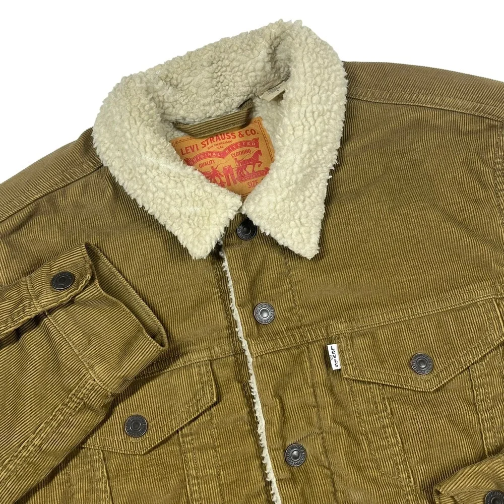 Levis Sherpa Lined Corduroy Trucker Jacket Mens Medium Tan Faux Fur Type 3 Coat
